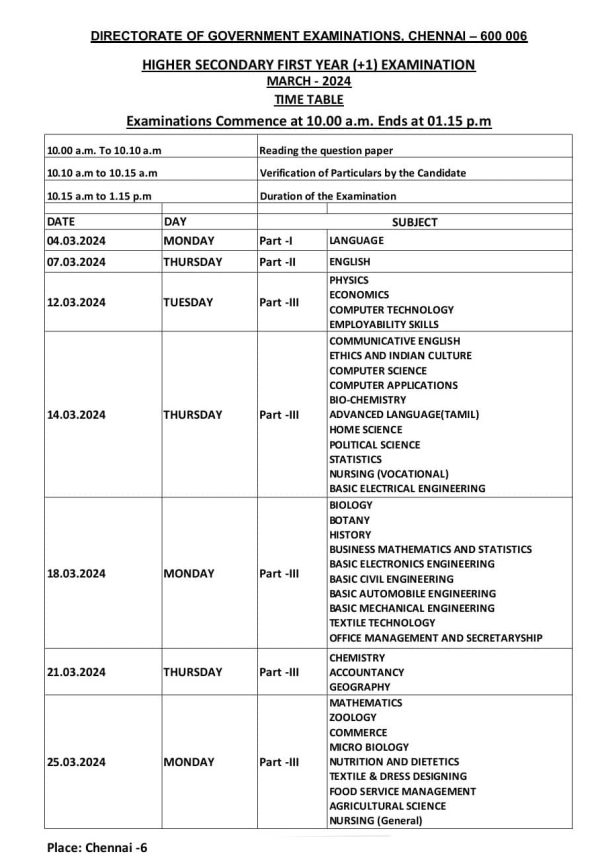 11th Public Exam Time Table 2024 Tamilnadu Government Exams