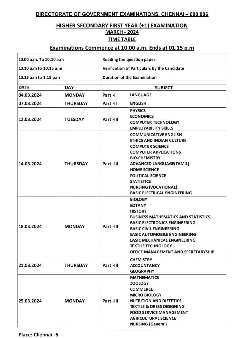 11th public exam time table 2024 tamilnadu