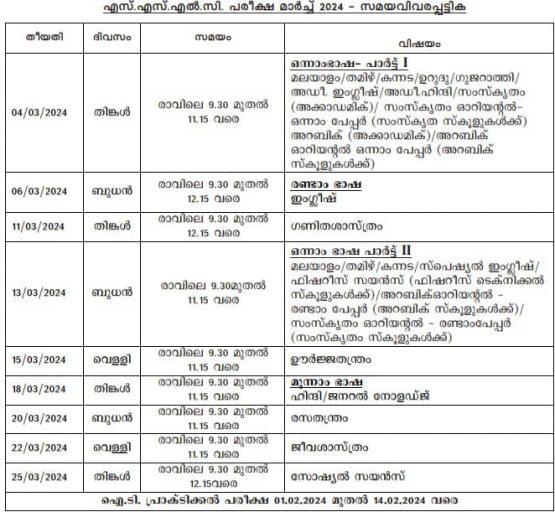 Kerala SSLC Time Table 2024 | 10th Exam Date PDF Download