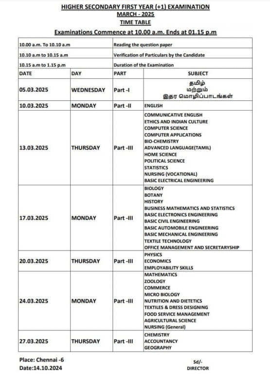 TN 11th Public Exam Time Table 2025 Government Exams